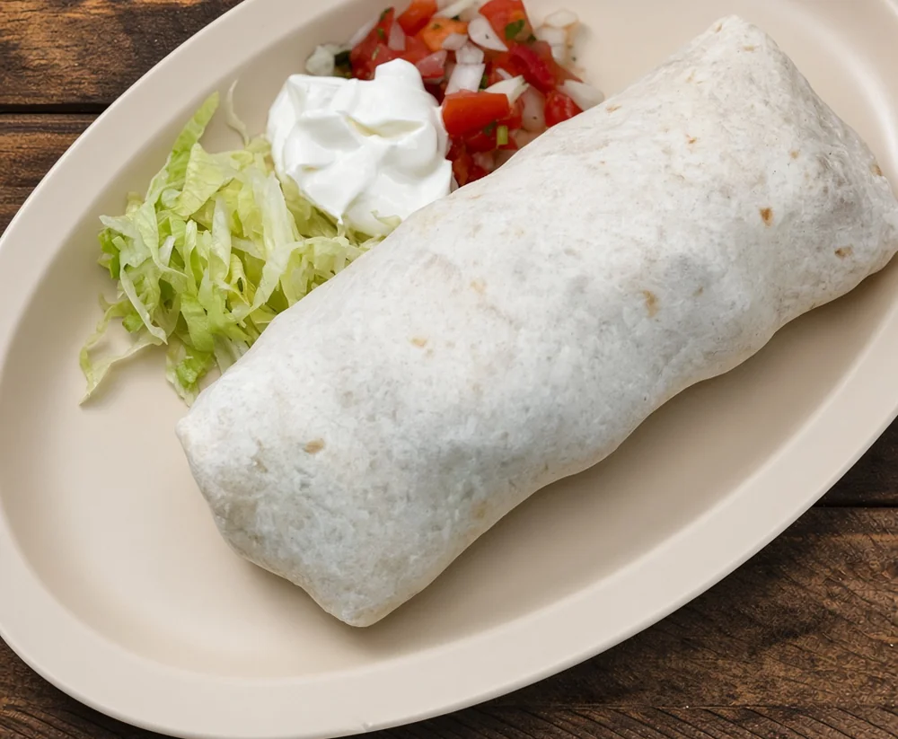 Twelve-inch burrito with sour cream, pico de gallo and lettuce, Mexican food on Henderson Highway, Winnipeg
